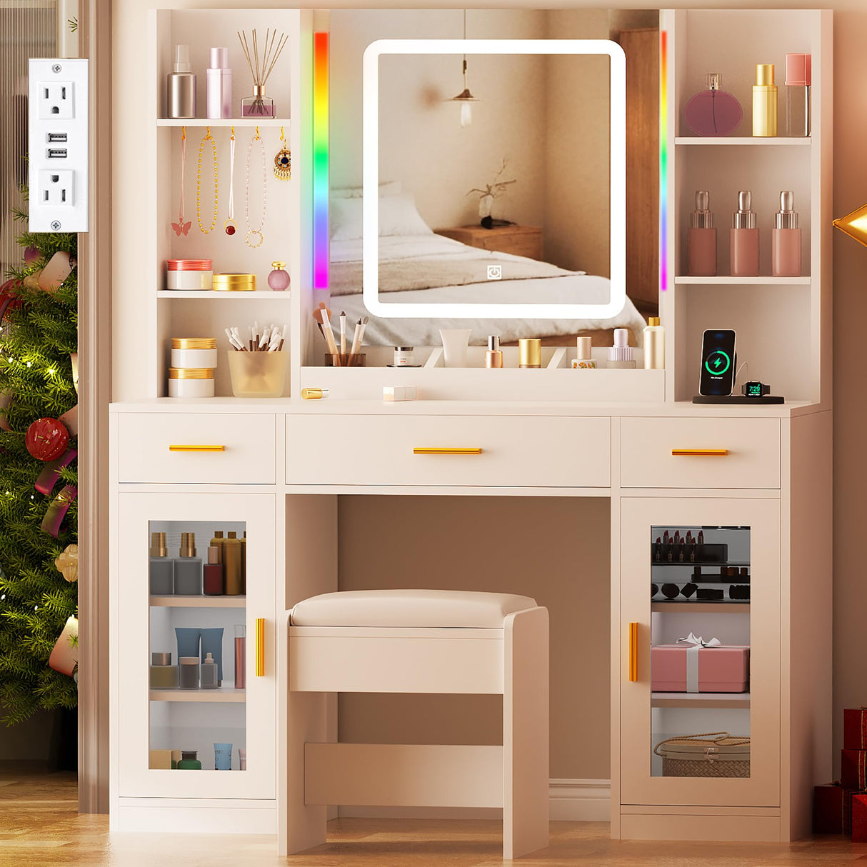 ANWBROAD Vanity Desk with Mirror and Lights 3 Colors 43.3" Makeup Vanity with RGB Lights and Power Strip Large Vanity Set with 3 Drawers 2 Cabinets White Dressing Table Stool for Women Bedroom UBDT78W ANWBROAD