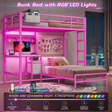 DICTAC Bunk Bed with Desk and Charging Station Metal Loft Bed Twin Size with Led Lights & Storage Shelves and Drawers L-Shaped Twin Over Twin Size Bunk Bed for Teen,Safety Guardrail and Ladder,Pink DICTAC