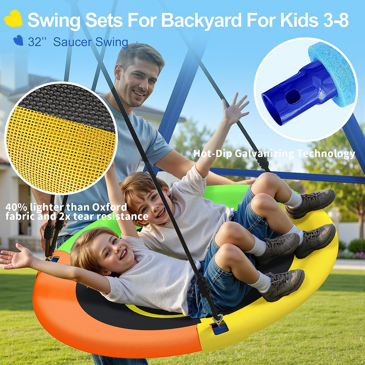 440lbs Kids Swing Set, 3-in-1 Outdoor Playground with Saucer Swing, Belt Seat & 4ft Trampoline, Heavy Duty A-Frame Metal Stand & Safety Stakes, Backyard Playset for Toddlers 3-8 Years Old JYGOPLA