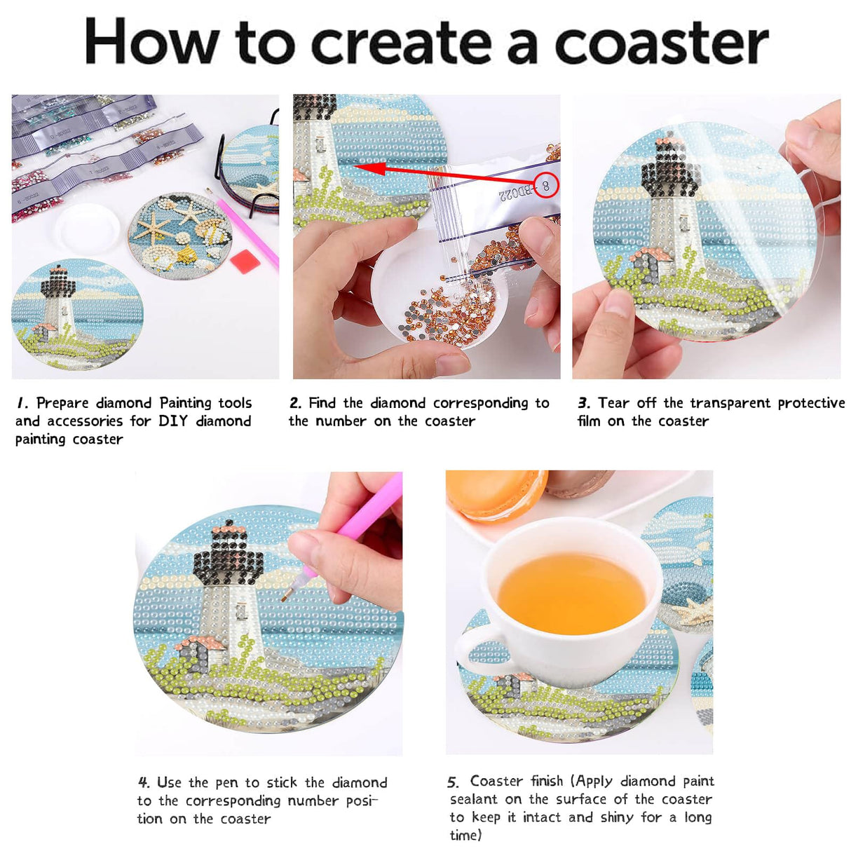 Summer Beach Diamond Art Coaster Kit with Holder,8pcs Diamond Painting Coaster,Gem Art Coasters Kit for Home Wall Decor Amshem