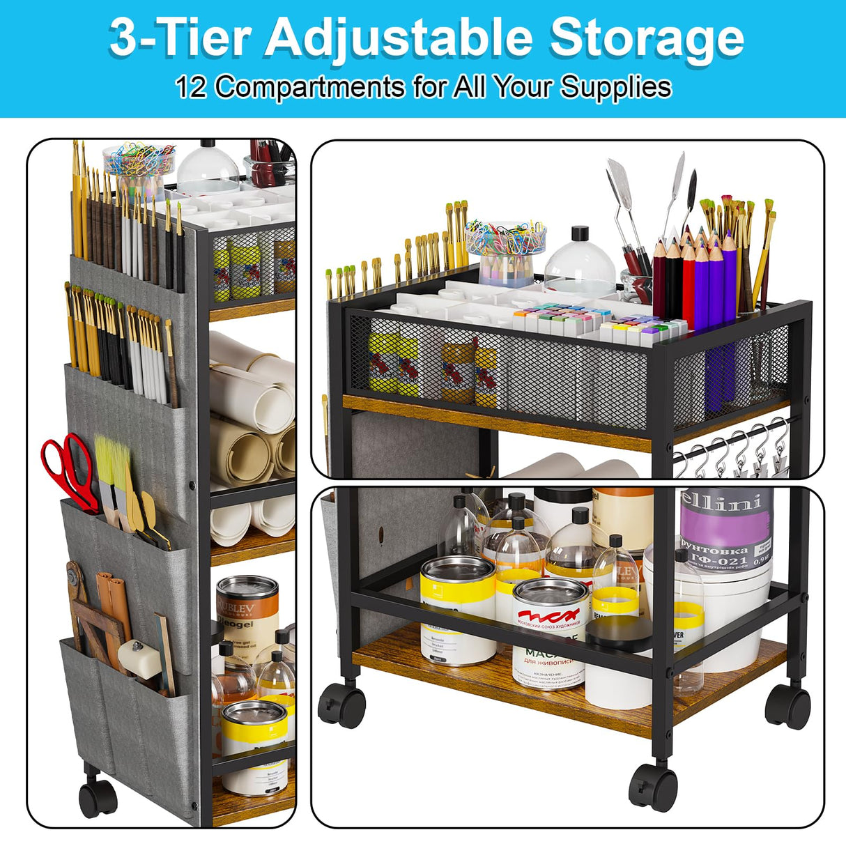3 Tier Rolling Craft Cart & Art Cart | Side Partitioned Paint Brush Holder | Art Supply Storage Organizer with Wheels | Rolling Storage Cart for Standing Desk, Drawing & Craft Room, DIY Workshop,Gift Eyteenokk