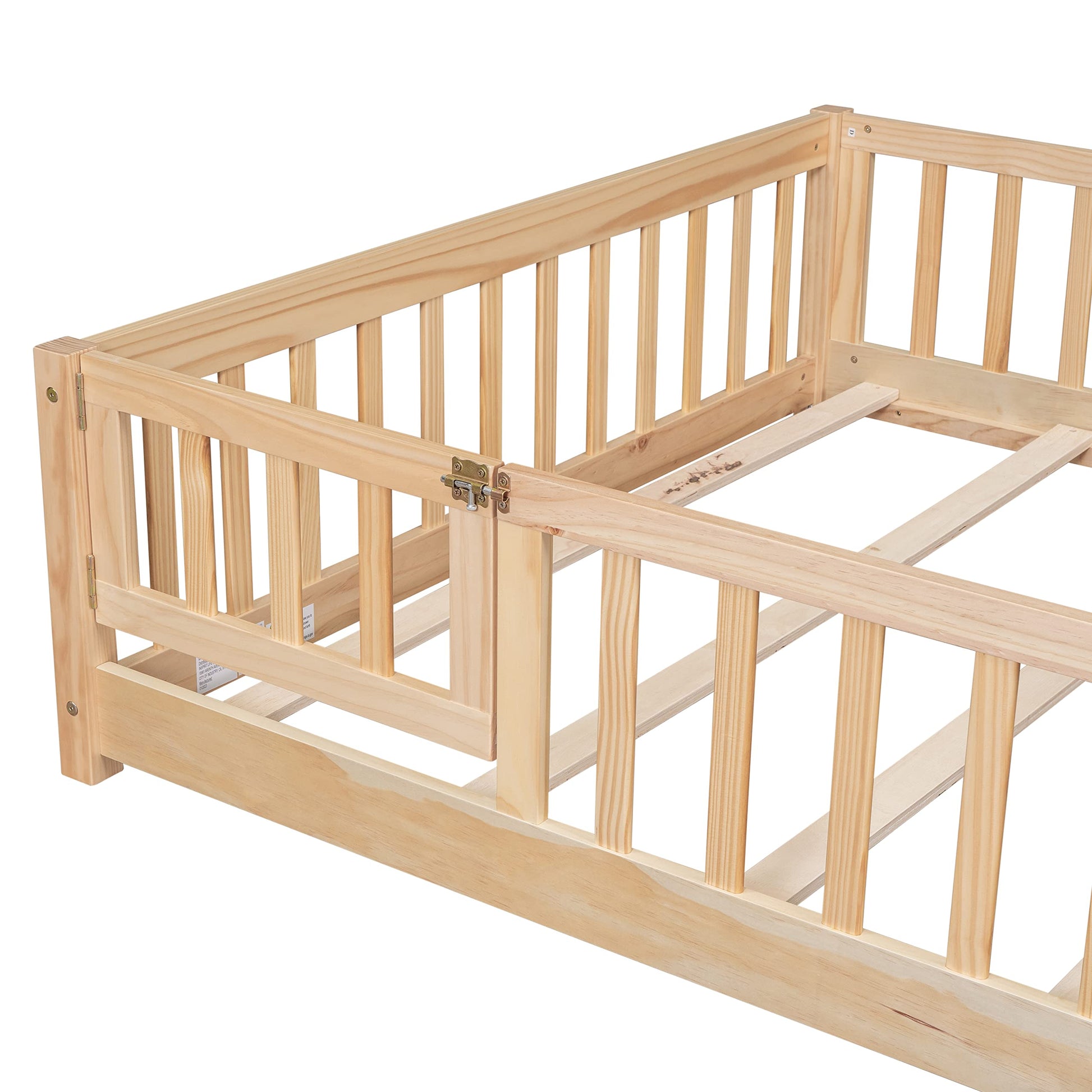 Bellemave Natural Full Size Montessori Floor Bed with Door and Safety Fence for Kids - WoodArtSupply