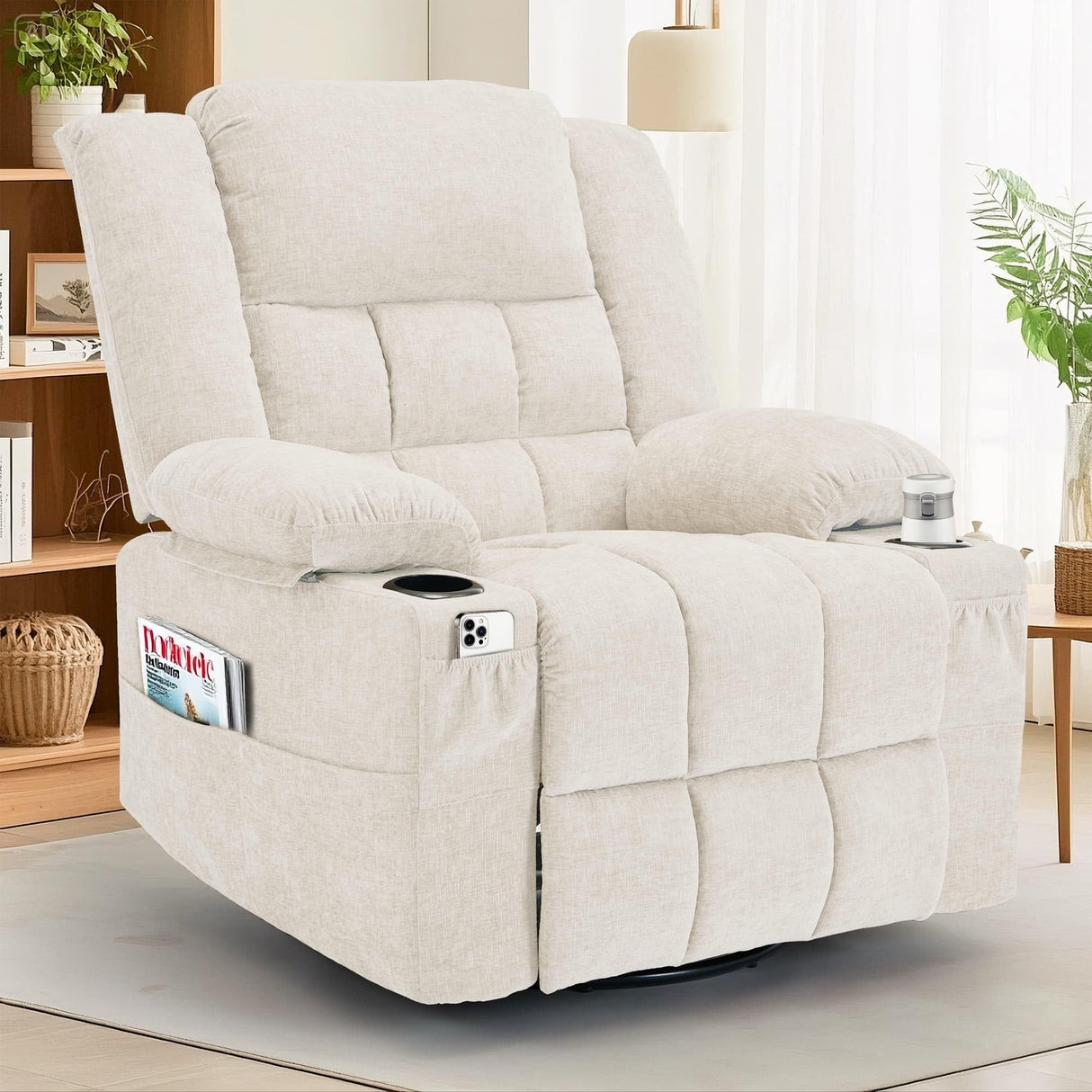 Korser 360° Swivel Rocker Recliner for Adults, Nursery Glider Recliner with Massage and Heating, Rocking Chair with Cup Holder, Manual Recliner Chair for Living Room, Bedroom (Fabric, Beige) Korser