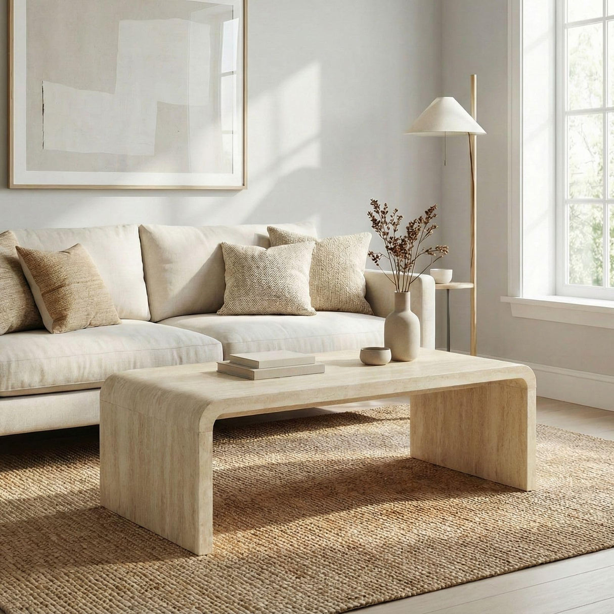 Hyfirm Modern Boho Faux Marble Coffee Table, 47" Travertine Pattern Waterfall Rectangular Center Table in a Scandinavian Style for Living Room with Sturdy Wood Frame, Thick Legs & Easy Assembly Hyfirm