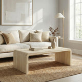 Hyfirm Modern Boho Faux Marble Coffee Table, 47" Travertine Pattern Waterfall Rectangular Center Table in a Scandinavian Style for Living Room with Sturdy Wood Frame, Thick Legs & Easy Assembly Hyfirm