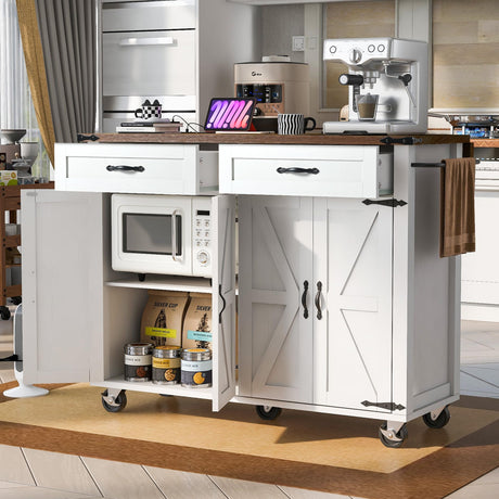 MEETFAV 53.5'' Farmhouse Mobile Kitchen Island with Power Outlet, Drop Leaf, Spice Rack and Drawer - Rolling Kitchen Cart with Ample Storage, Rustic Kitchen Storage Islands for Home and Dining Room MEETFAV
