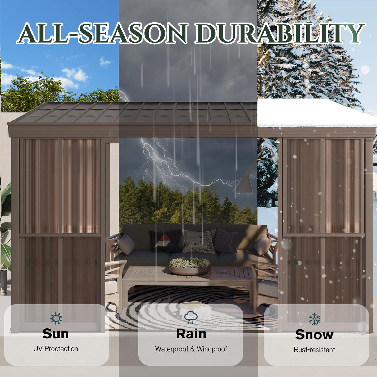 EROMMY 10' x 14' Sunroom, Wall Mounted Gazebo with Galvanized Steel Roof & Aluminum Frame, 3-Sided Sliding Doors, Lean to Gazebo with 6mm Thickened UV-Resistant PC Screen for Patio, Garden, Backyard EROMMY