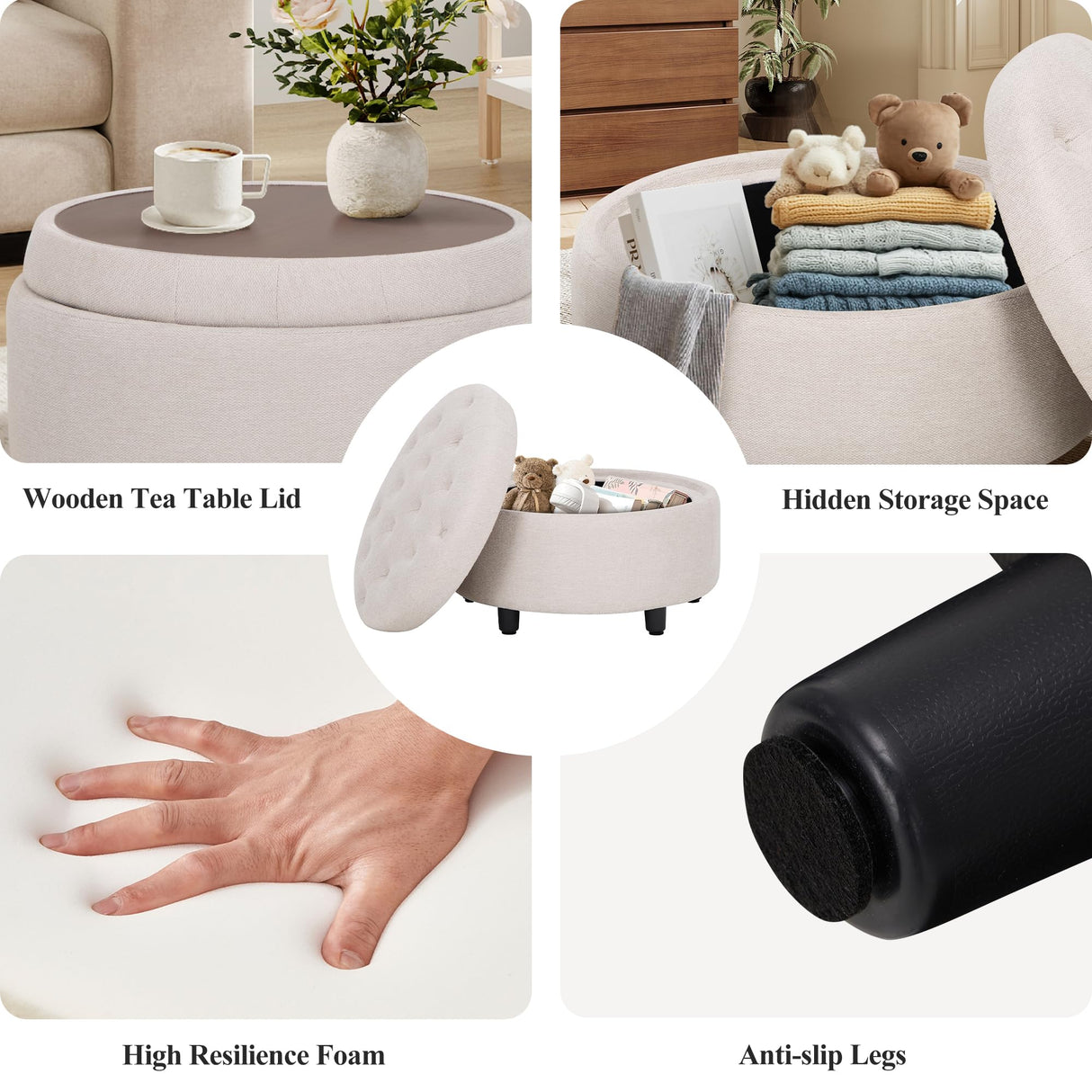 COLAMY Fabric Round Storage Ottoman with Reversible Tray Lid – Multi-Functional Footrest, Hidden Storage, Sturdy & Stylish Small Coffee Table for Living Room, Bedroom, or Entryway(Beige) COLAMY