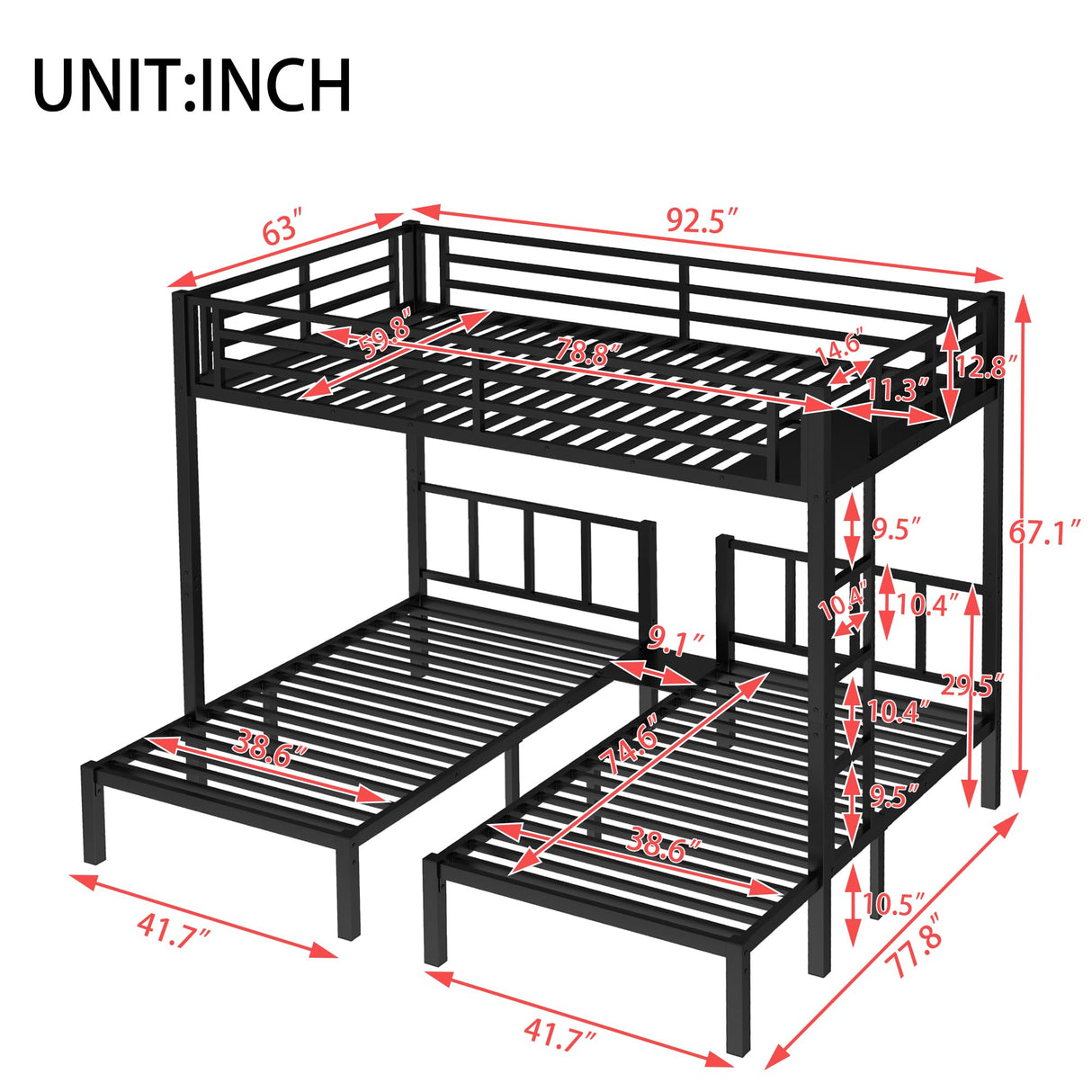 Bellemave Triple Bunk Bed for Kids, Detachable Queen Over Twin & Twin Metal Bunk Bed with Guardrails, Ladder & Storage, Converts to 3 Separate Beds, Easy to Assemble (3 Bunk Beds for Kids, Black) Bellemave