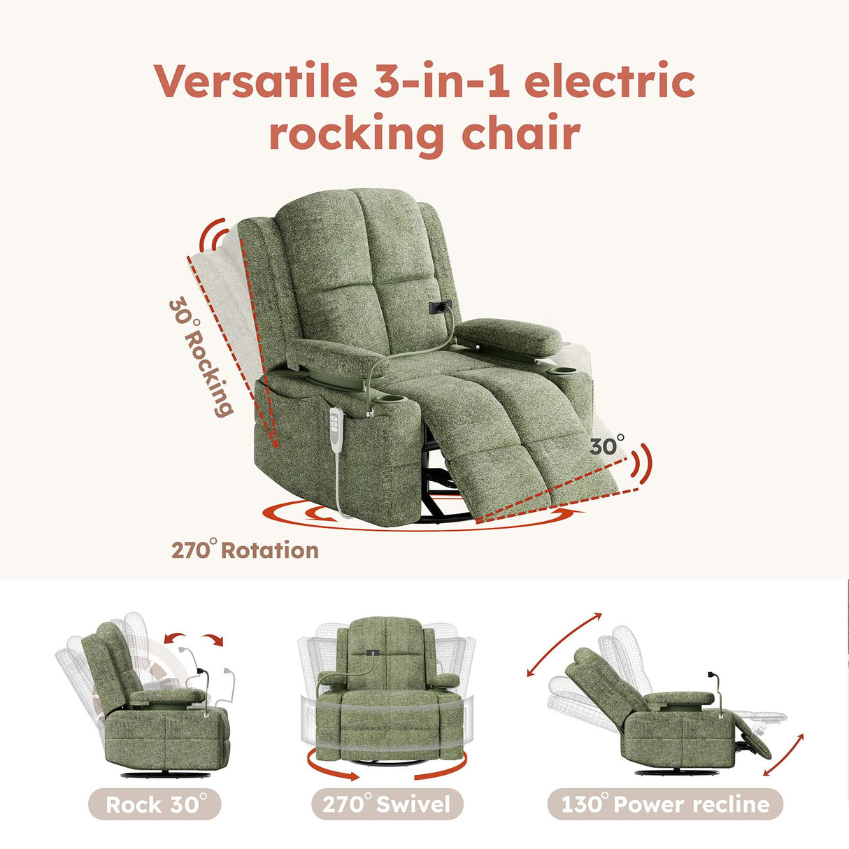MAMAZING Triple Motor Power Swivel Rocker Recliner Chair with Adjustable Armrests for Adults Elderly, FSC Certified Faux Leather Rocking Chair Nursery for Breastfeeding(Green) MAMAZING