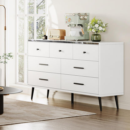 DWVO 7 Drawer Dresser for Bedroom, White Wood Storage Dressers & Chests of Drawers with Black Metal Handle ＆ Anti-Tipping Device, Modern Double Dresser Storage Cabinet Living Room Hallway, Entryway