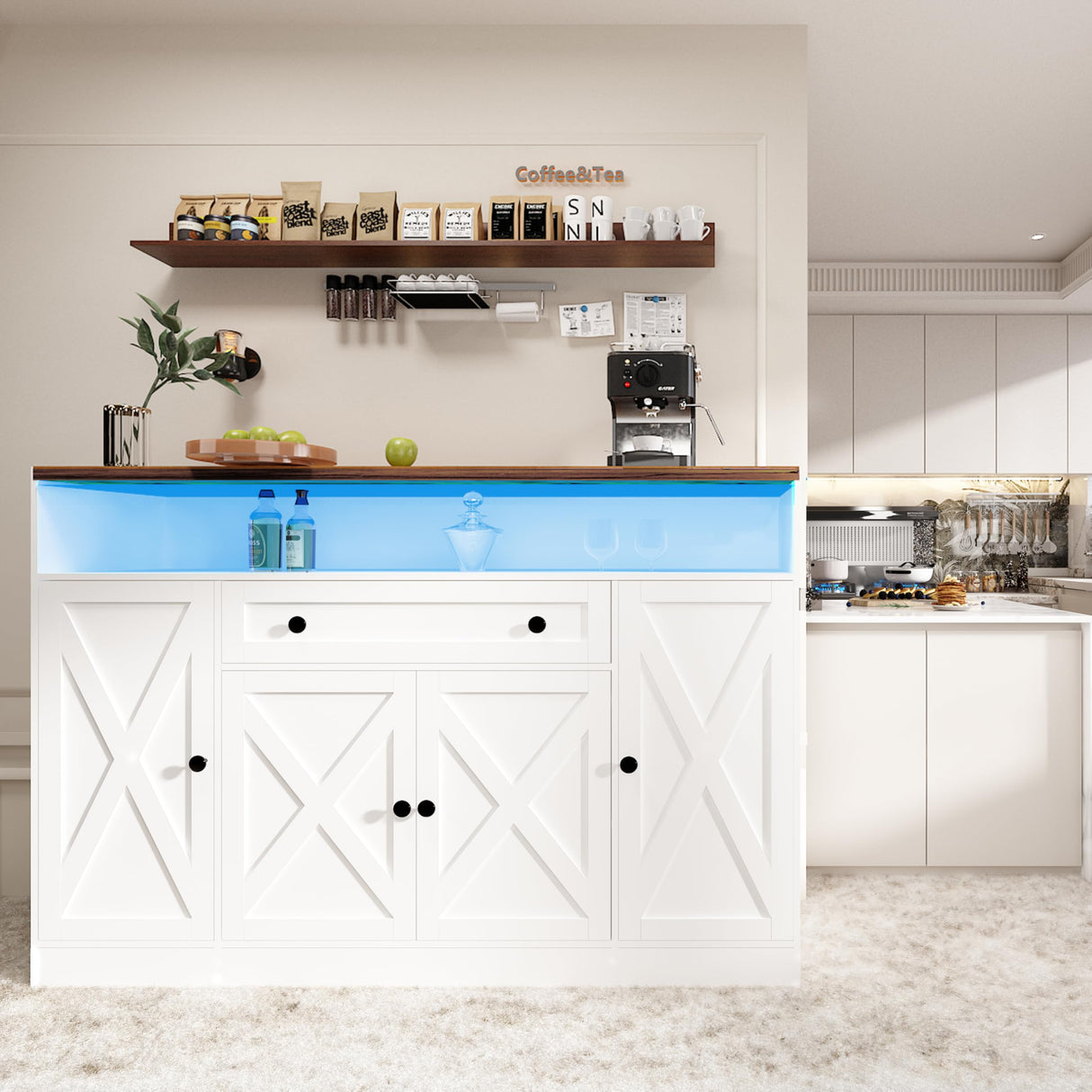 FJTJBSI 55" Buffet Cabinet with Power Outlets and Lights Large Kitchen Sideboard Buffet with Drawers Farmhouse Kitchen Storage Cabinet with Adjustable Shelves Coffee Bar Station for Coffee Bar Room FJTJBSI