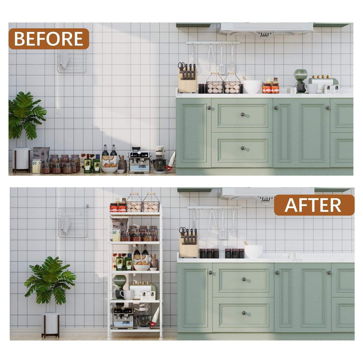 GIOTORENT 5-Tier Pantry Shelves with Wooden Boards, Heavy Duty Storage Shelves & Book Shelf, Adjustable Metal Shelving Unit for Kitchen Bathroom Laundry Organizer, Sturdy Rust-Resistant, White