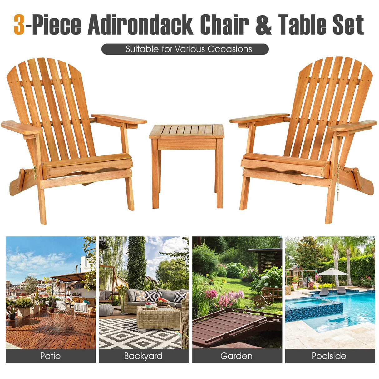 Tangkula 3 Pieces Adirondack Chair Set, Outdoor Wood Furniture Set with 2 Folding Lounge Chairs & Side Table, Widened Armrest, Slatted Design, All Weather Conversation Set for Garden Patio Backyard Tangkula