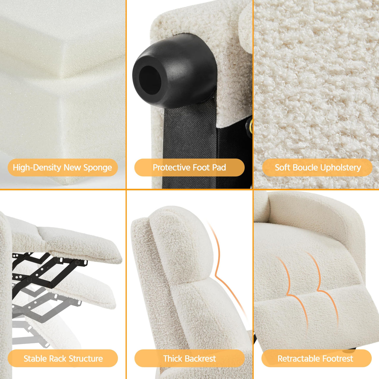 Topeakmart Fabric Recliner Sofa Push Back Recliner Chair Adjustable Modern Single Reclining Chair Upholstered Sofa with Pocket Spring Living Room Bedroom Home Theater Ivory Topeakmart