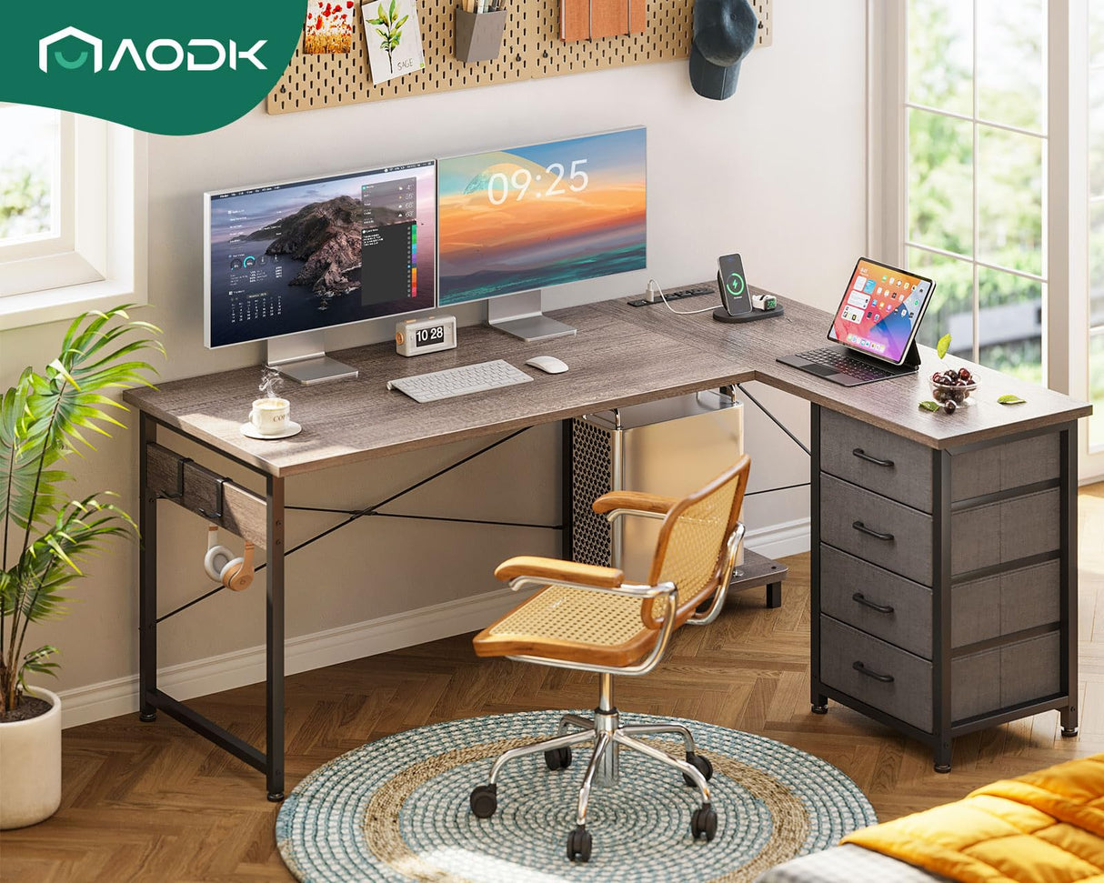 AODK L Shaped Desk with 4 Tier Drawers, 53" Reversible Gaming Desk with Power Outlets, L Shaped Computer Desk with USB Charging Port and Host Stand, Home Office Corner Desk, Easy to Assemble, Grey Oak AODK