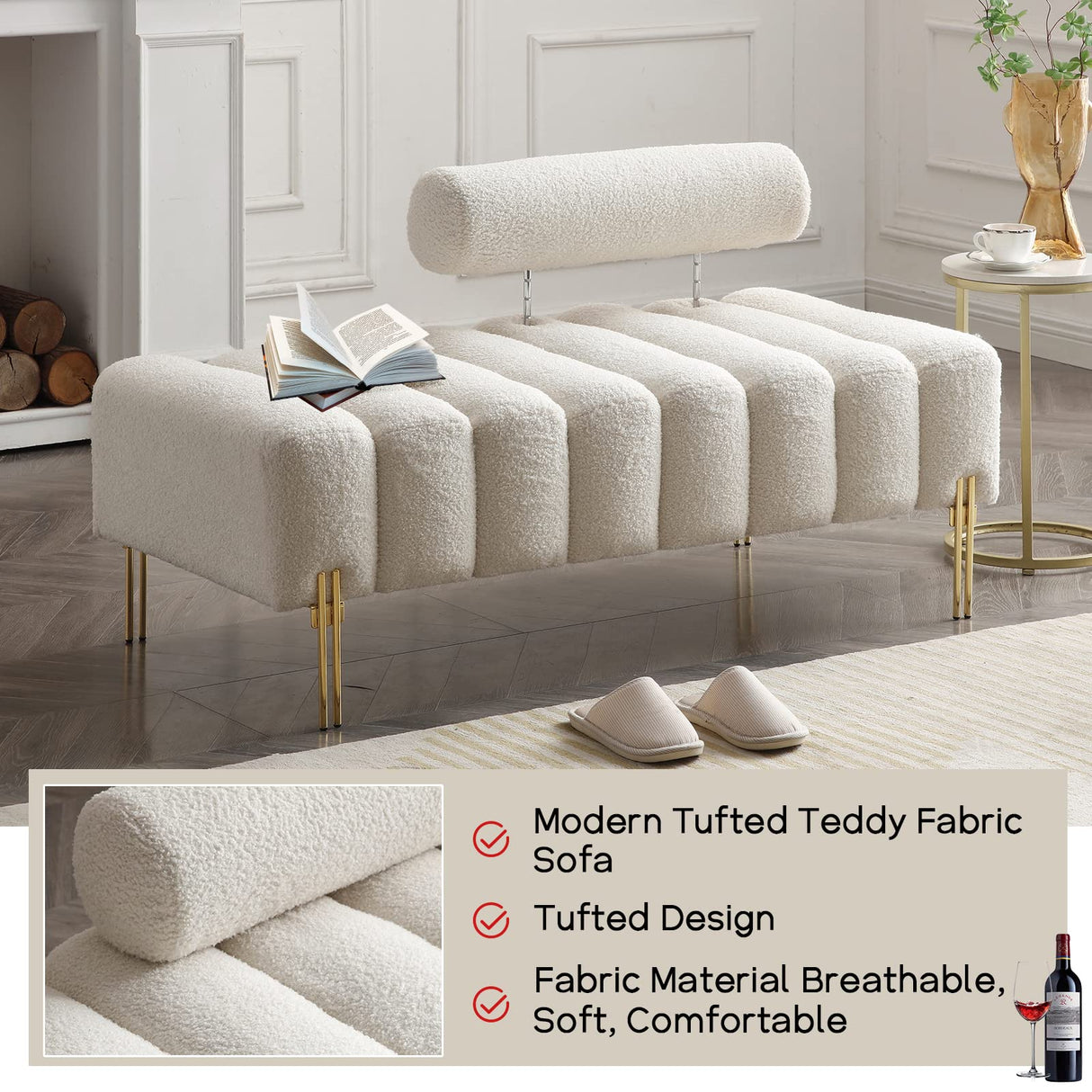 NIOIIKIT 53.2" Modern Loveseat Sofa Couch, Upholstered Accent Sofa with Golden Legs and Adjustable Backrest, Small Teddy Fleece Couches for Bedroom, Living Room, Compact Small Space (Beige) NIOIIKIT