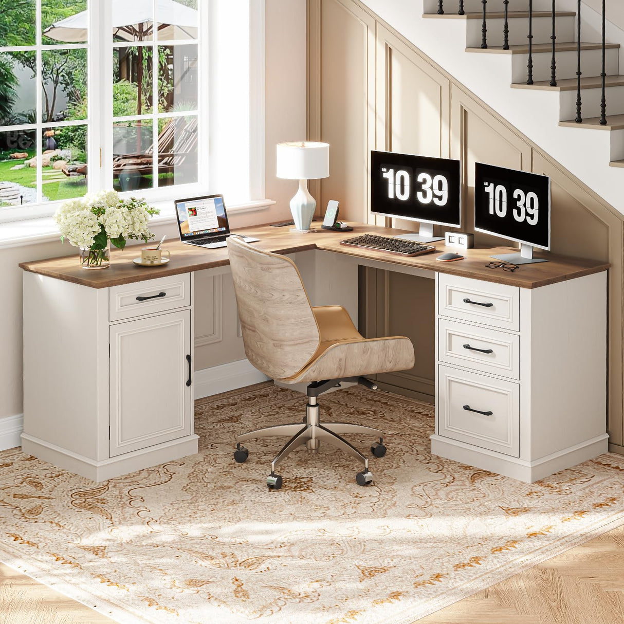 Farmhouse 59" L-Shaped Executive Desk with Drawers, Wood Home Office Corner Desk with Charging Station, File Drawer, Storage Cabinet, Rustic Computer Writing Desk for Home Office (Antique White). Vabches