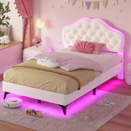ADORNEVE Twin Bed Frame with RGB LED Lights, Princess Bed Frame with Adjustable Crystal Button Headboard, Velvet Upholstered Platform Bed for Girls, Solid Wooden Slats, Easy Assembly, Creamy White ADORNEVE