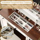 KOLIGEY Vanity Desk with Mirror and Lights, 45"W Farmhouse Makeup Vanity Desk with 44"W Lighted Mirror, Dressing Table with Glass Tabletop, 6 Drawers & 1 Cabinet Door for Bedroom, Dark Walnut & White KOLIGEY