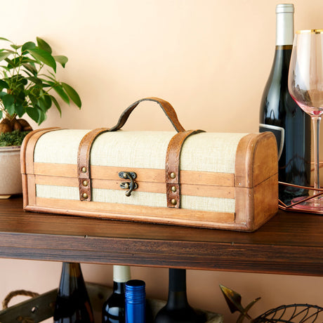 Twine Vintage Trunk Wine Bottle Gift Box, Wood Wine Box with Lid and Handle, Wood, Faux Leather, Brass, Cloth, Holds 1 Bottle Twine