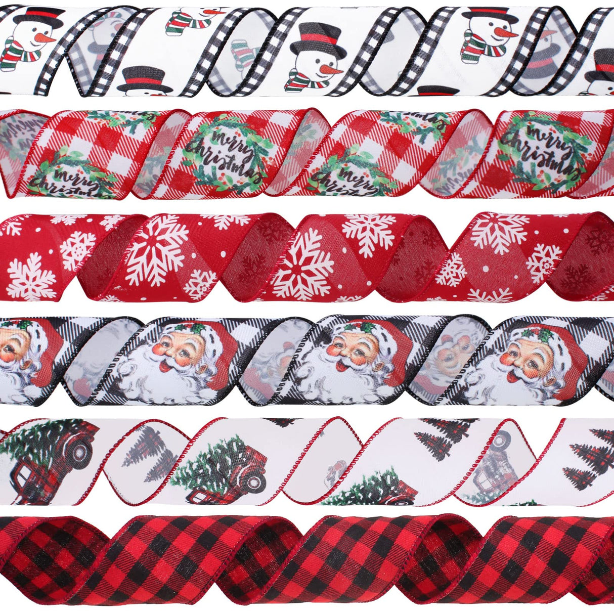 Vloso Christmas Ribbon Wired 2.5 Inch,6 Roll 30 Yards Christmas Wired Ribbon,Incl. Santa/Snowman/Snowflake/Buffalo Plaid Ribbon for Wreaths Bows Holiday Xmas Decor DIY Crafts Vloso