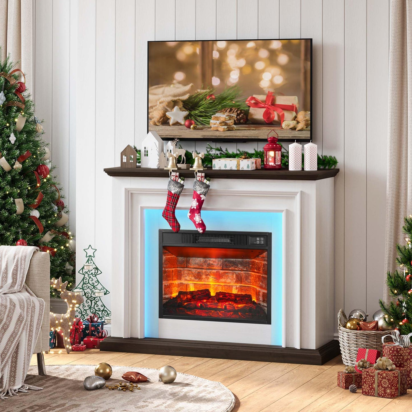 44" LED Electric Fireplace with Mantel, Fireplace TV Stand with 3-Dimensional Molding, White&Brown Entertainment Center with 23" Red Brick Fireplace Insert for Bedroom,Living Room