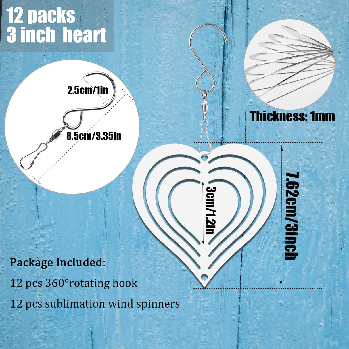 WindMage 12 Pack 3inch Sublimation Wind Spinner Blanks 3D Aluminum Metal Wind Sculpture Kinetic Spinners for Yard Garden Indoor Art Ornaments Xmas Hanging Decoration (Heart) WindMage