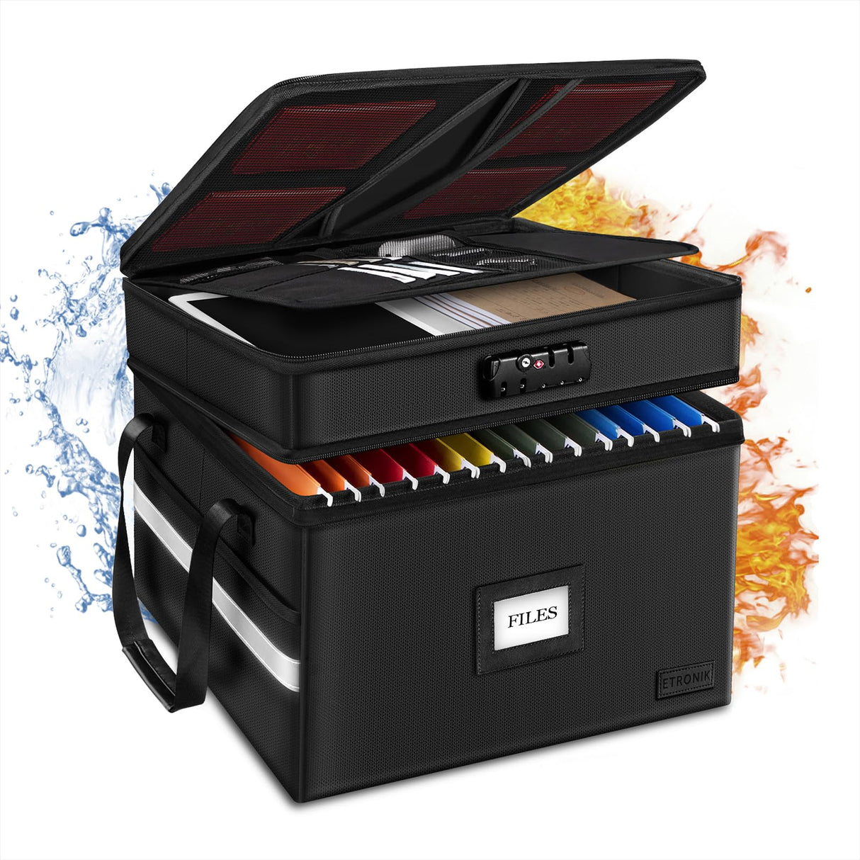 Fireproof Document Box with Lock, ETRONIK 2 Layer File Organizer with 5 Tab Inserts, Portable Office Collapsible File Storage with Reflective Strip for Hanging Letter, Legal Size Folder, Certificate ETRONIK