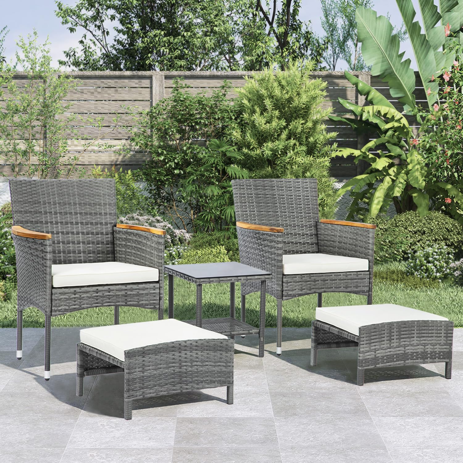 5 Piece Outdoor Patio Furniture Set with Table&Ottoman Outdoor Furniture Patio Set Bistro Wicker Patio Set of 2 Outside Lawn Chairs Conversation Sets for Porch Balcony Deck(Gray Wicker&Beige  - WoodArtSupply