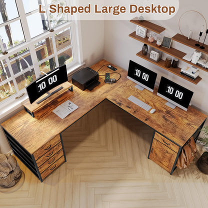 SEDETA L Shaped Desk, 63" Computer Desk with 5 Drawer & Power Outlet, Long Home Office Desk or Corner Desk, L Shaped Corner Desk with Monitor Shelf, Storage Cabinet, Rustic Brown - WoodArtSupply