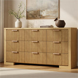 HOTALLOY Fluted Dresser for Bedroom, 9 Drawer Dresser with Gold Handle, 57" Wide Chest of Drawers, Modern Wood Dressers Organizer for Bedroom, Liveroom, Entryway, Natural Oak HOTALLOY