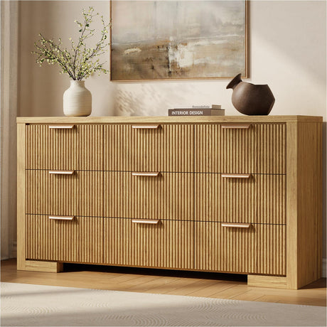 HOTALLOY Fluted Dresser for Bedroom, 9 Drawer Dresser with Gold Handle, 57" Wide Chest of Drawers, Modern Wood Dressers Organizer for Bedroom, Liveroom, Entryway, Natural Oak HOTALLOY