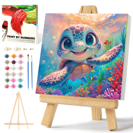 xcemhil Sea Turtle Paint by Numbers Kit for Kids with Wooden Easel Frame, Kid Paint by Number Kits, Turtle Paint by Numbers for Kids Age 5-12 for Gifts and Home Decor 8x8in xcemhil