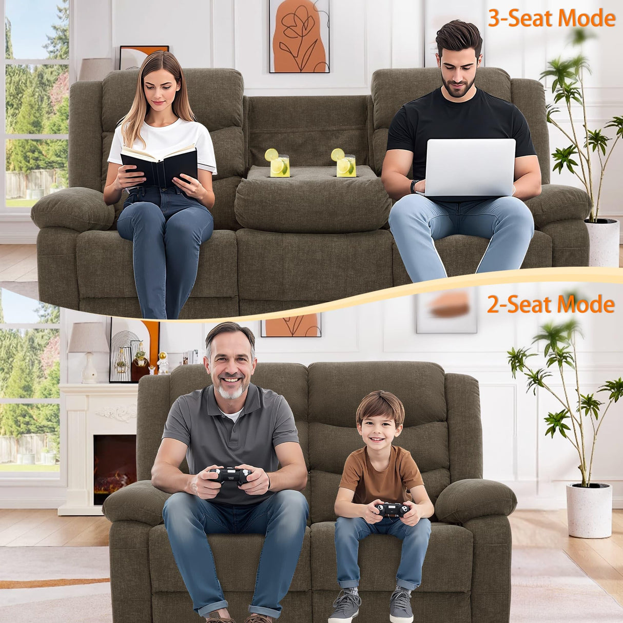 Korser Recliner Sofa, Reclining Loveseat with Console, Oversized Reclining Couch with Drop Down Table, 3-Seater Sofa with Cup Holder and Recessed Power Strip, Brown Korser