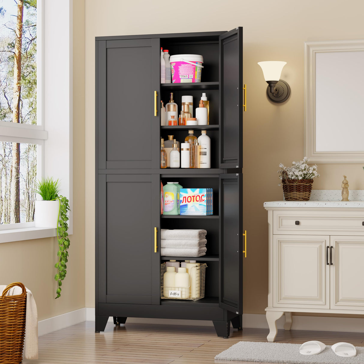 GAIOUS 75.2" Tall Metal Pantry Cabinet, Storage Cabinets with 4 Door and 4 Adjustable Shelves, Black Kitchen Pantry Storage Cabinet, Freestanding Cupboard for Kitchen Dining Room Living Room Bathroom GAIOUS