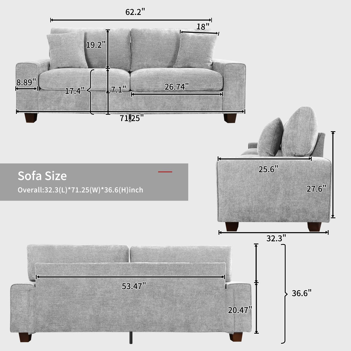 Czpalo 71.25" Chenille Sofa Couches for Living Room, 2 Seater Sofa with 2 Pillows, Small Modern Loveseat Couch for Small Spaces, Office. (Light Grey, 71.25 inches) Czpalo