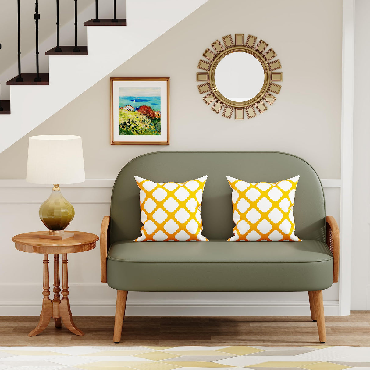 Aklaus 45" W Faux Leather Small loveseat with Natural Rattan Arms,Upholstered Modern Mini Sofa Couch Love Seat Settee Bench with Back for Living Room Bedroom Office Small Space Entryway Green Aklaus