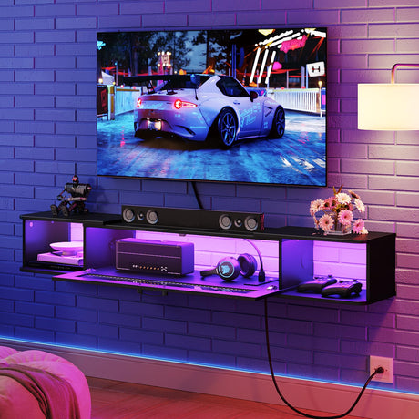 HOOBRO Floating TV Stand with LED Light Power Outlet for TVs up to 65”, Wall Mounted TV Shelf, Modern Media Console Entertainment Center Under TV, for Living Room Bedroom, Black BK34UDDS01G1 HOOBRO