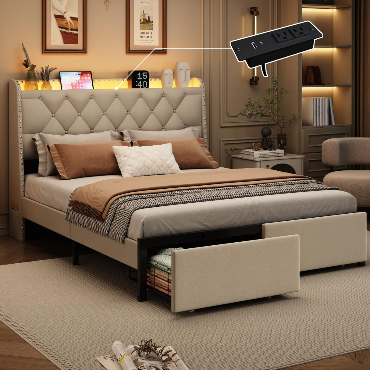 Queen Bed Frame with Storage Headboard and 2 Drawers, Upholstered Button Tufted Platform Bed Frame Queen Size with LED Lights, Charging Station, No Box Spring Needed, Noise Free, Easy Assembly, Beige TIGUBFRE