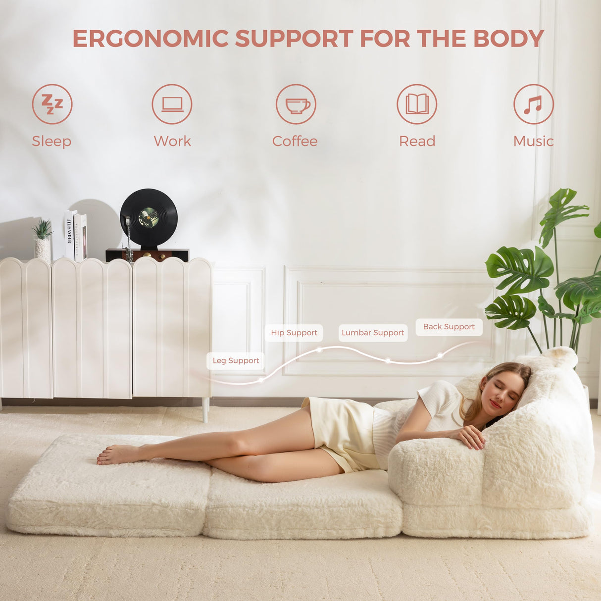 MAXYOYO Folding Sofa Bed, 2 in 1 Convertible Sofa to Lounger Comfy Single Bean Bag Chair for Adults, Floor Sleeper Couch with Handle, Faux Fur Couch Bed for Living Room Bedroom, Beige MAXYOYO