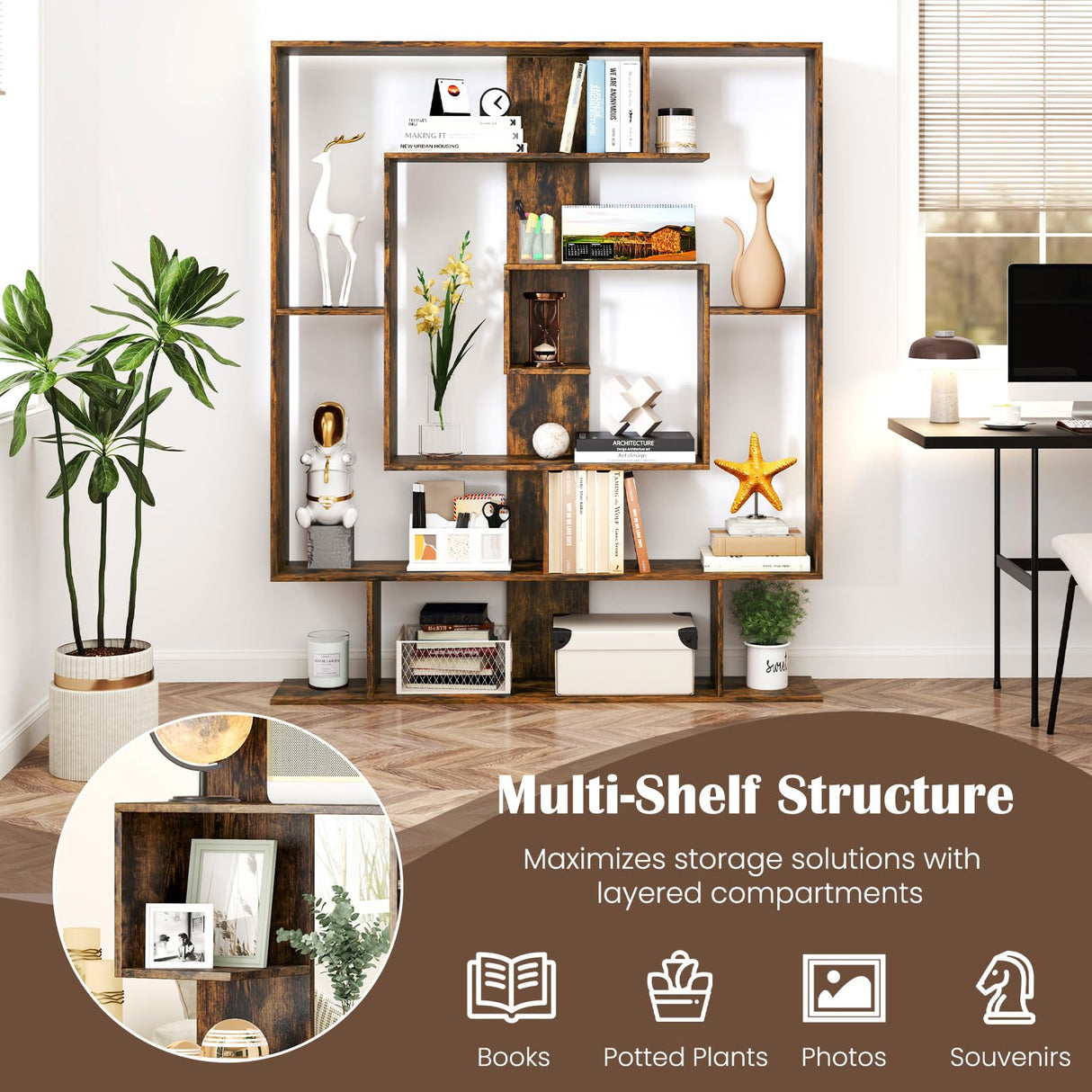 Giantex 7-Tier Geometric Bookshelf, Modern Bookcase with Open Shelves, Freestanding Display Shelf with Anti-Tip Kit, Storage Rack for Living Room Bedroom Study, 49.5''L x 8.5''W x 59''H (Rustic Brown) Giantex