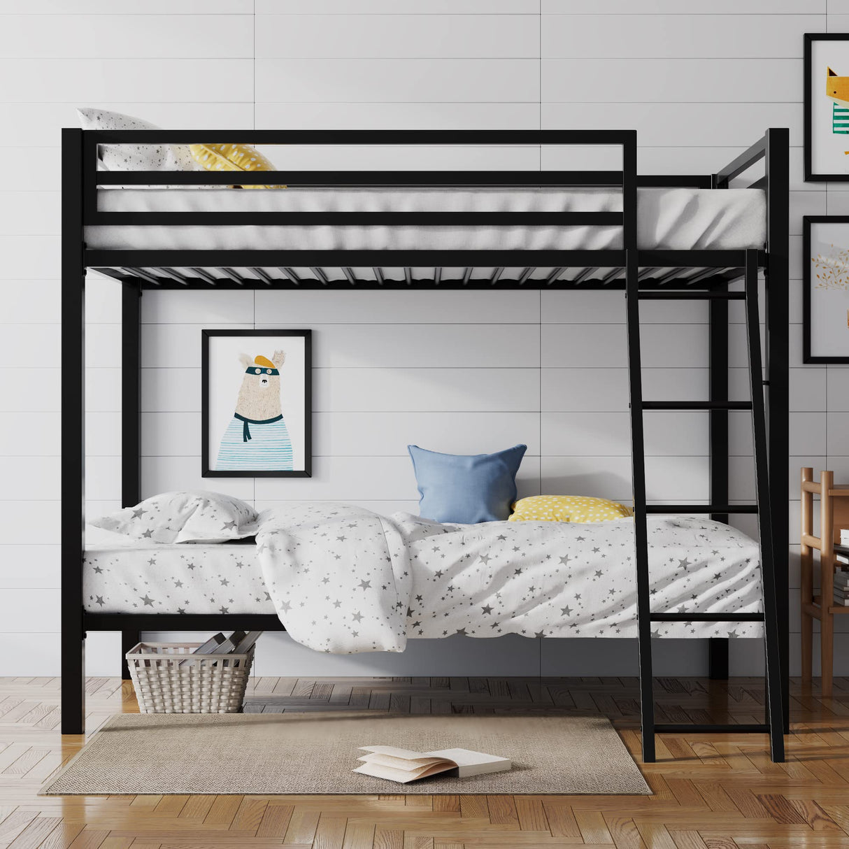 SHA CERLIN Industrial Twin Over Twin Metal Bunk Bed with Inclined Ladder & Guardrails, Black SHA CERLIN