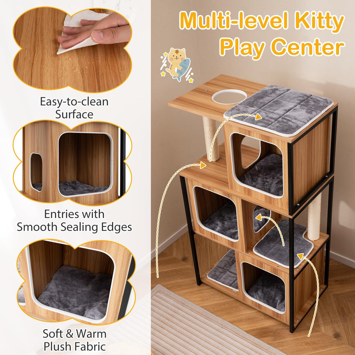 PETSITE 52 Inch Wood Cat Tree for Indoor Cats, Multi-Level Solid Metal Framed Wooden Cat Tower with Sisal Scratching Posts and Pad, 3 Condos, and Top Platform with Cat Hole PETSITE