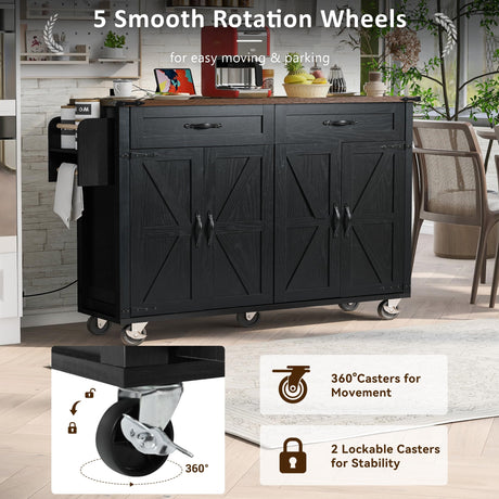 Amposei Farmhouse Rolling Kitchen Island with Power Outlet, Drop Leaf Breakfast Bar, Wooden Mobile Storage Island Cart on Wheels with Drawers, Spice Rack for Kitchen Dining Room (Black) Amposei
