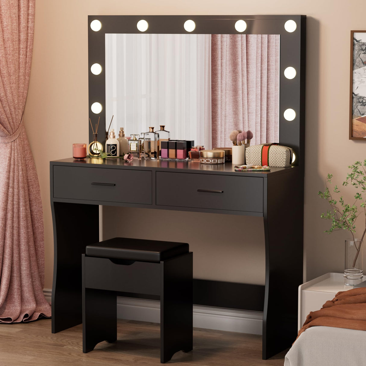 Furmax Vanity Desk Set with Large Lighted Mirror, 35.4 Inch Makeup Vanity Table with 2 Drawers, Cushioned Storage Stool, 3 Lighting Modes Brightness Adjustable, Dressing Table for Bedroom (Black) Furmax