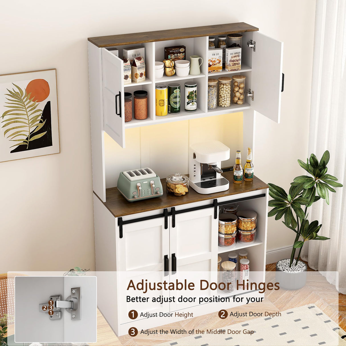 LPdorbe Farmhouse Hutch Buffet Cabinet with Storage Drawer,72" Tall Kitchen w/Wine Rack,LED Lights,Power Outlets,Barn Door,Home Bar Sideboard for Dining Living Room (White, 72 Inches) LPdorbe