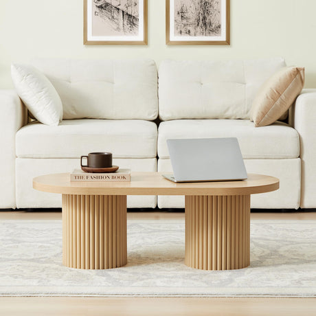 RUSTYER Oval Fluted Coffee Table, Farmhouse Wood Coffee Table Mid Century Modern Center Table Boho Living Room Tables for Living Room Office (Natural, 19.69" D x 39.38" W x 13.78" H) RUSTYER
