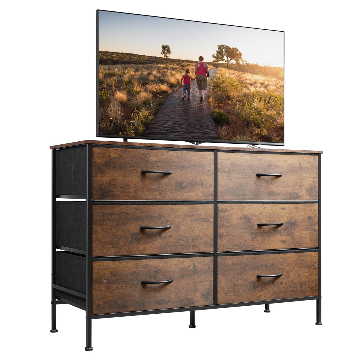 WLIVE Wide Dresser with 6 Drawers, TV Stand for 50 Inches TV, Entertainment Center with Metal Frame, Wooden Top, Fabric Storage Dresser for Bedroom, Hallway, Entryway, Rustic Brown Wood Grain Print WLIVE