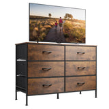 WLIVE Wide Dresser with 6 Drawers, TV Stand for 50 Inches TV, Entertainment Center with Metal Frame, Wooden Top, Fabric Storage Dresser for Bedroom, Hallway, Entryway, Rustic Brown Wood Grain Print WLIVE